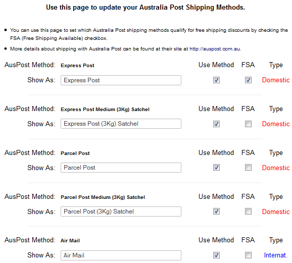 Australia Post shipping methods